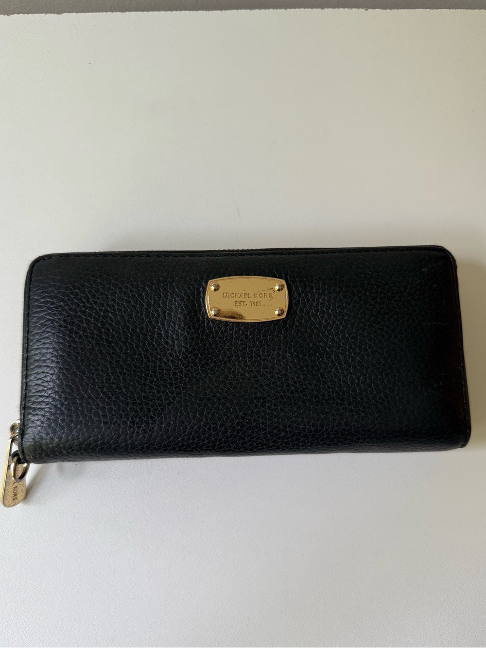 Michael Kors Black Pebbled Leather Zip Wallet with Gold Plate